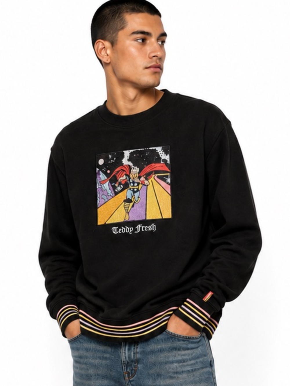 Teddy Fresh x Marvel Thor Black Crewneck Sweatshirt with Colorful Graphic-S